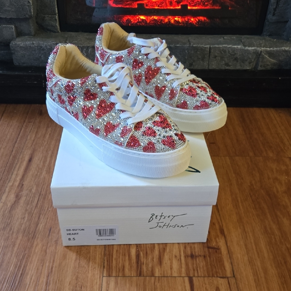 Betsey Johnson Silver Crystal Sneakers with Red Hearts